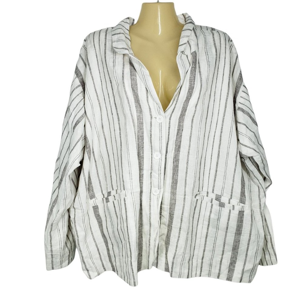 NWT Johnny Was Zona Stripe Linen Jacket Gray & White Women's Size XL - Picture 4 of 12